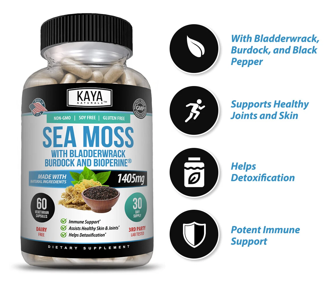 Bottle of Irish Sea Moss Supplement with sea moss, thyroid & immune support to support health and wellness