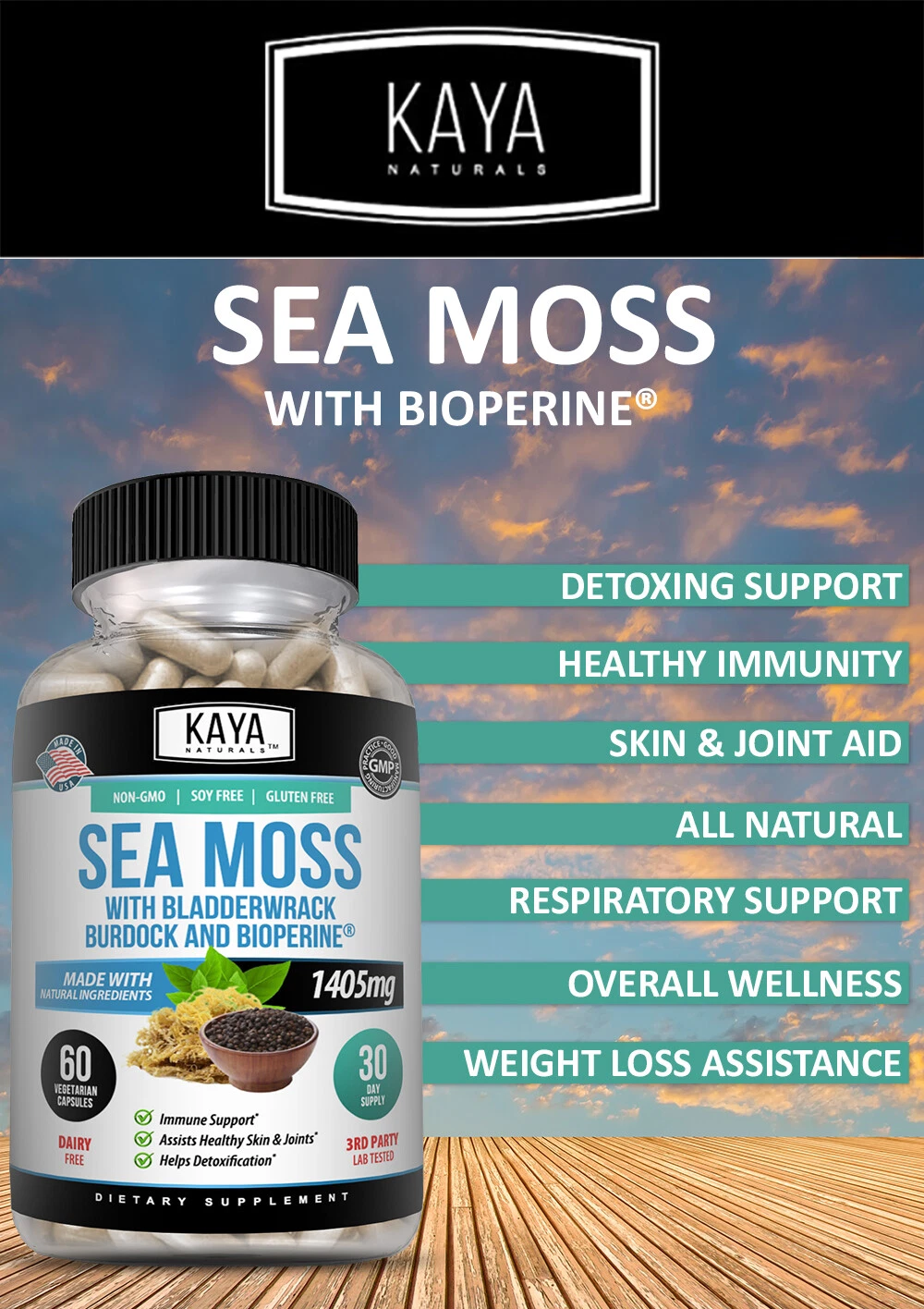 Bottle of Irish Sea Moss Supplement with sea moss, thyroid & immune support to support health and wellness