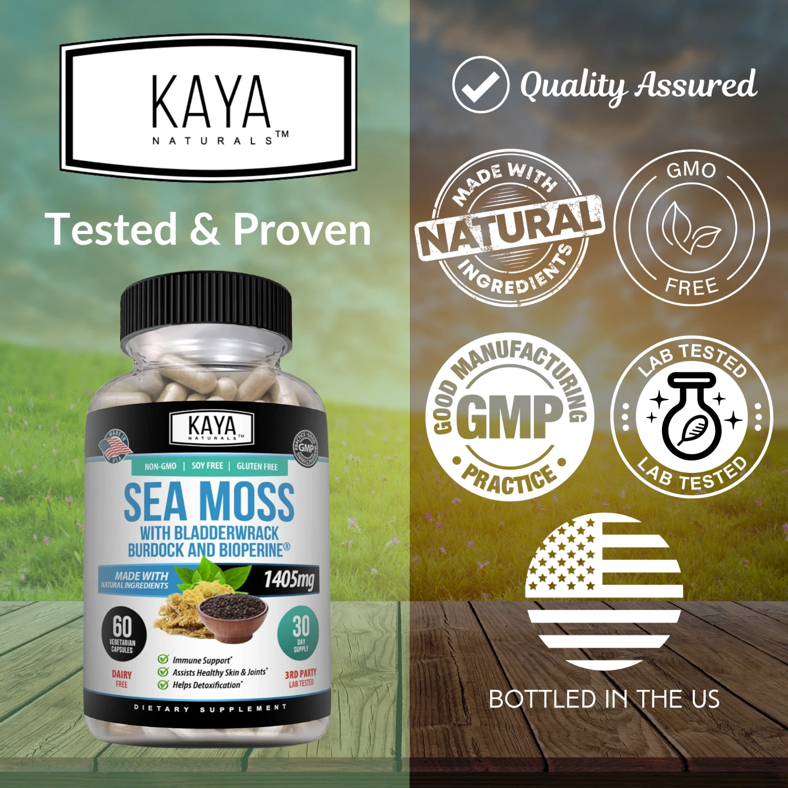 Bottle of Irish Sea Moss Supplement with sea moss, thyroid & immune support to support health and wellness