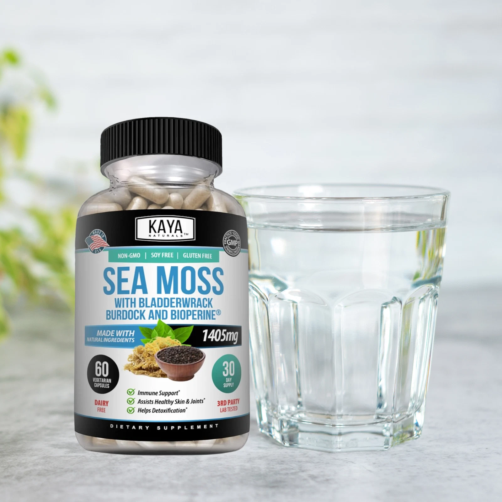 Bottle of Irish Sea Moss Supplement with sea moss, thyroid & immune support to support health and wellness