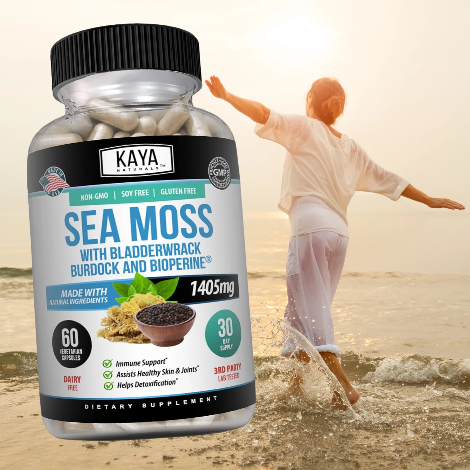 Bottle of Irish Sea Moss Supplement with sea moss, thyroid & immune support to support health and wellness