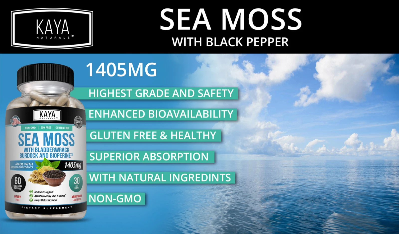 Bottle of Irish Sea Moss Supplement with sea moss, thyroid & immune support to support health and wellness