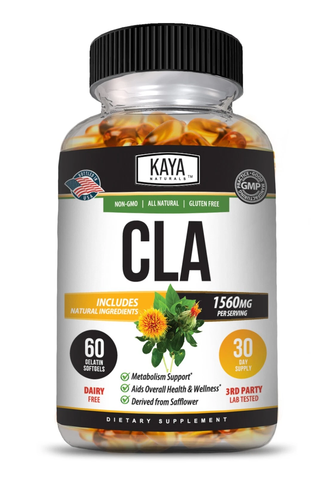 Bottle of CLA 60ct with cla, weight loss & fat burner support to support health and wellness