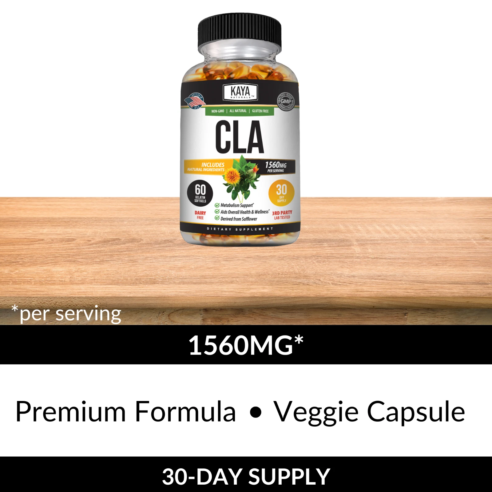 Bottle of CLA 60ct with cla, weight loss & fat burner support to support health and wellness