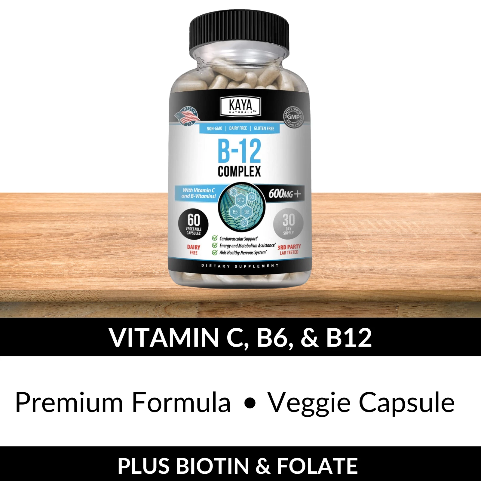 Image of B-12 Complex Supplement for Energy & Metabolism Support – 60 Capsules