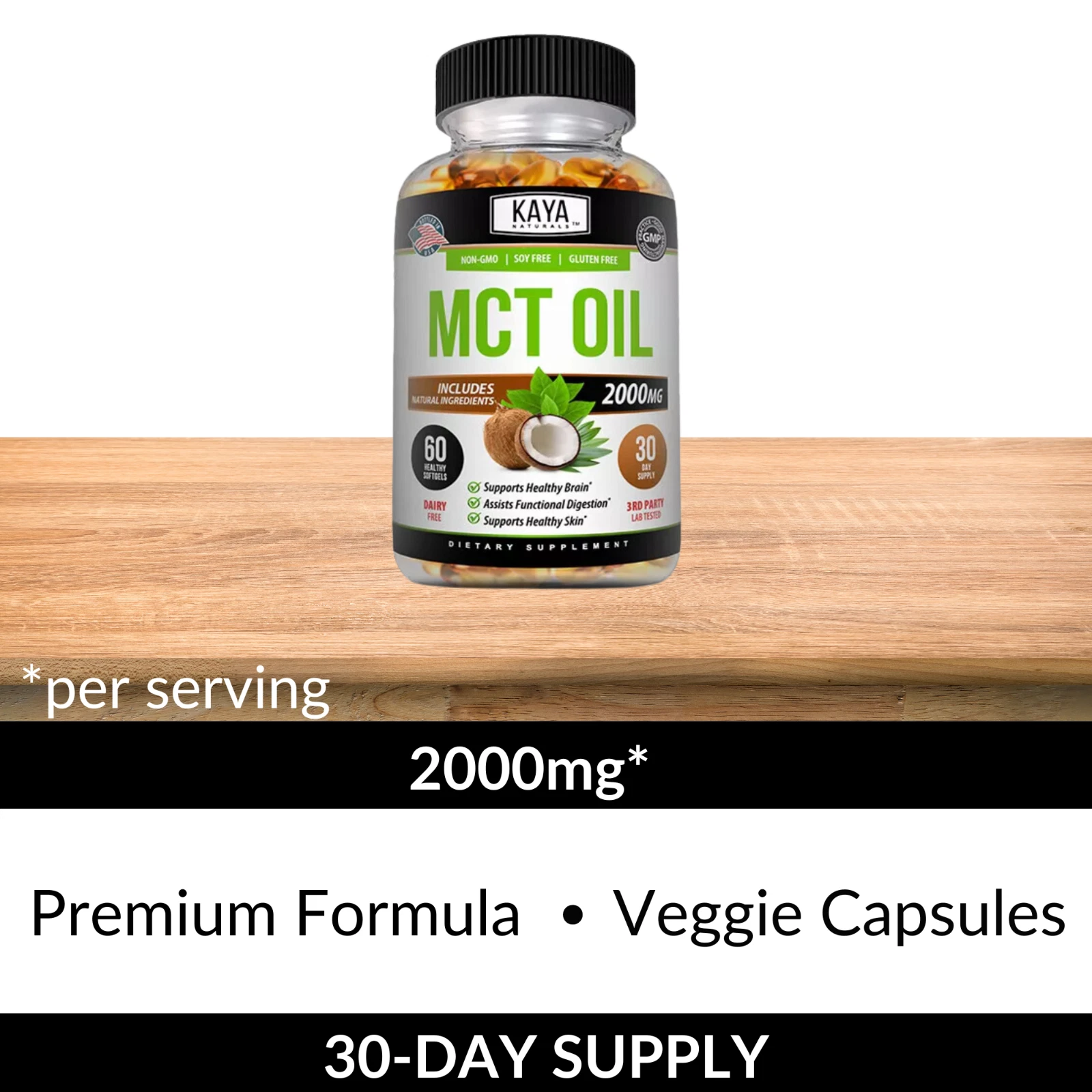 Image of Pure MCT Oil Capsules for Energy & Brain Support – 60ct, 2000mg