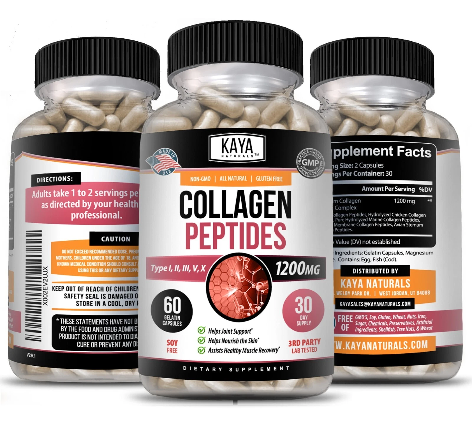 Image of Collagen Peptides Supplement for Skin & Anti-Aging Support – 2 Pack, 1200mg, 60 Capsules