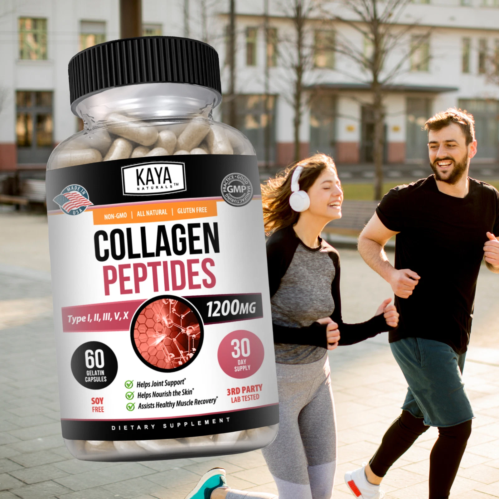 Image of Collagen Peptides Supplement for Skin & Anti-Aging Support – 2 Pack, 1200mg, 60 Capsules