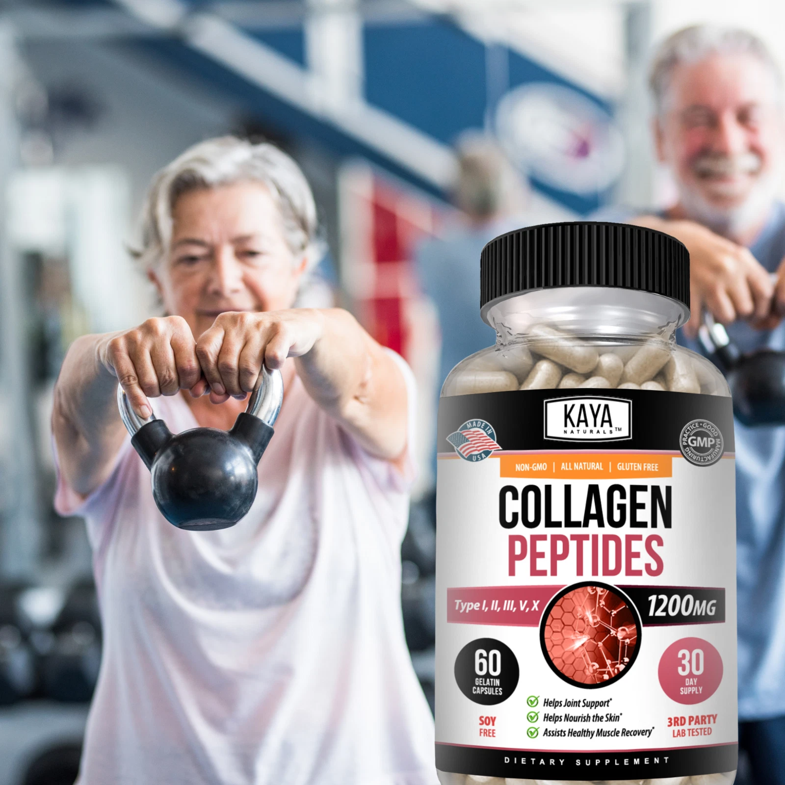 Image of Collagen Peptides Supplement for Skin & Anti-Aging Support – 2 Pack, 1200mg, 60 Capsules