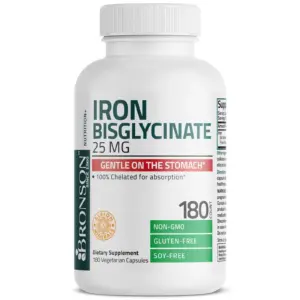 (1 Pack) Iron Bisglycinate Capsules Energy Support Supplement, 25mg, 180 Veg Capsules